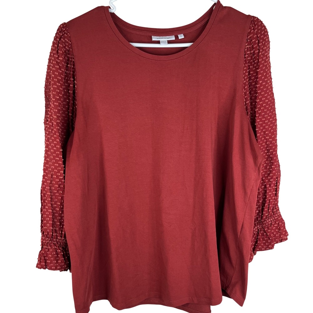 Chico's Red Swiss Dot Sleeve Top Womens 3 XL Mixed Media Knit Shirt Smocked Cuff